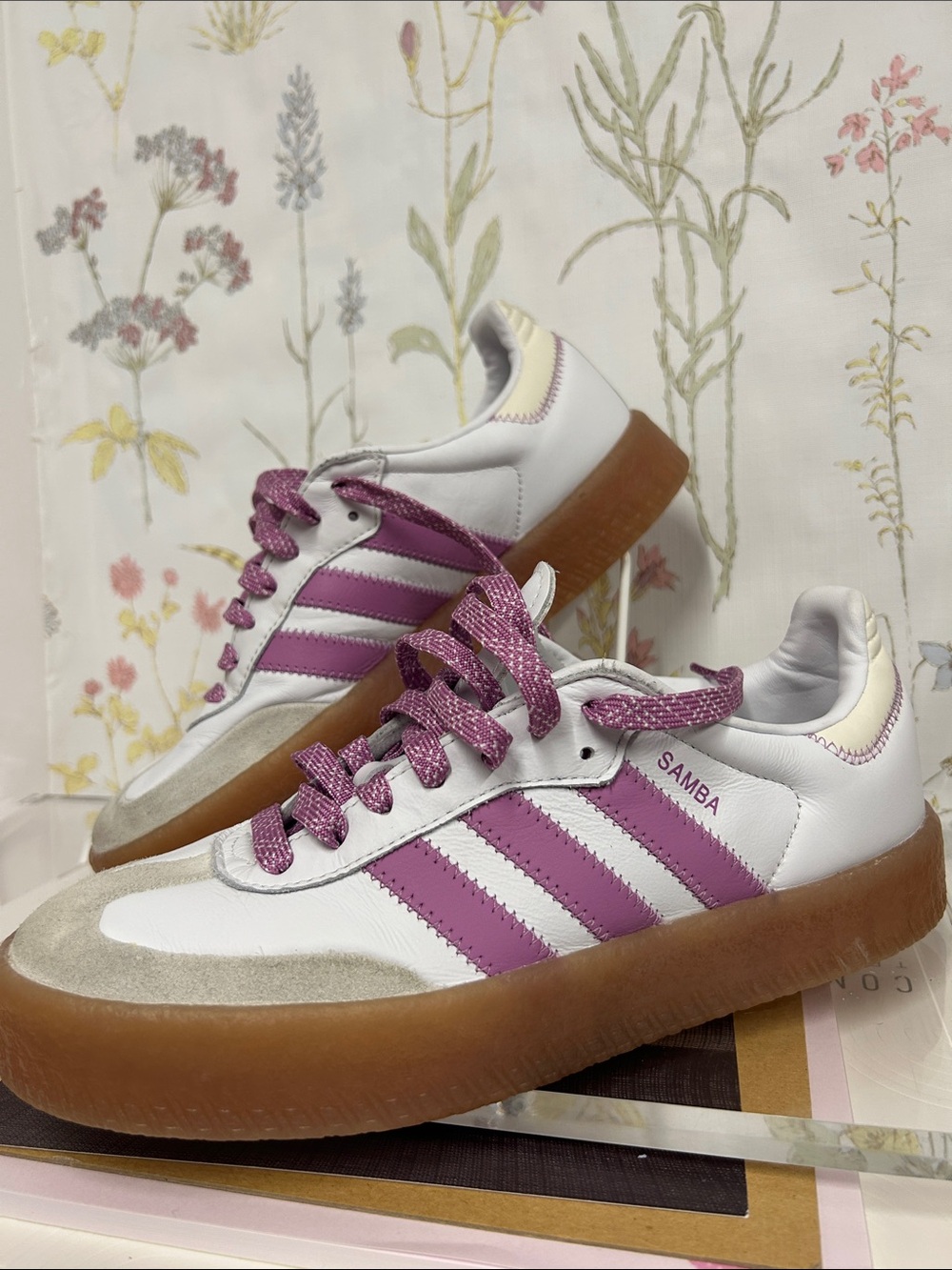 adidas Samba Women's White & Purple Pink-Patterned Gum Sole Sneakers